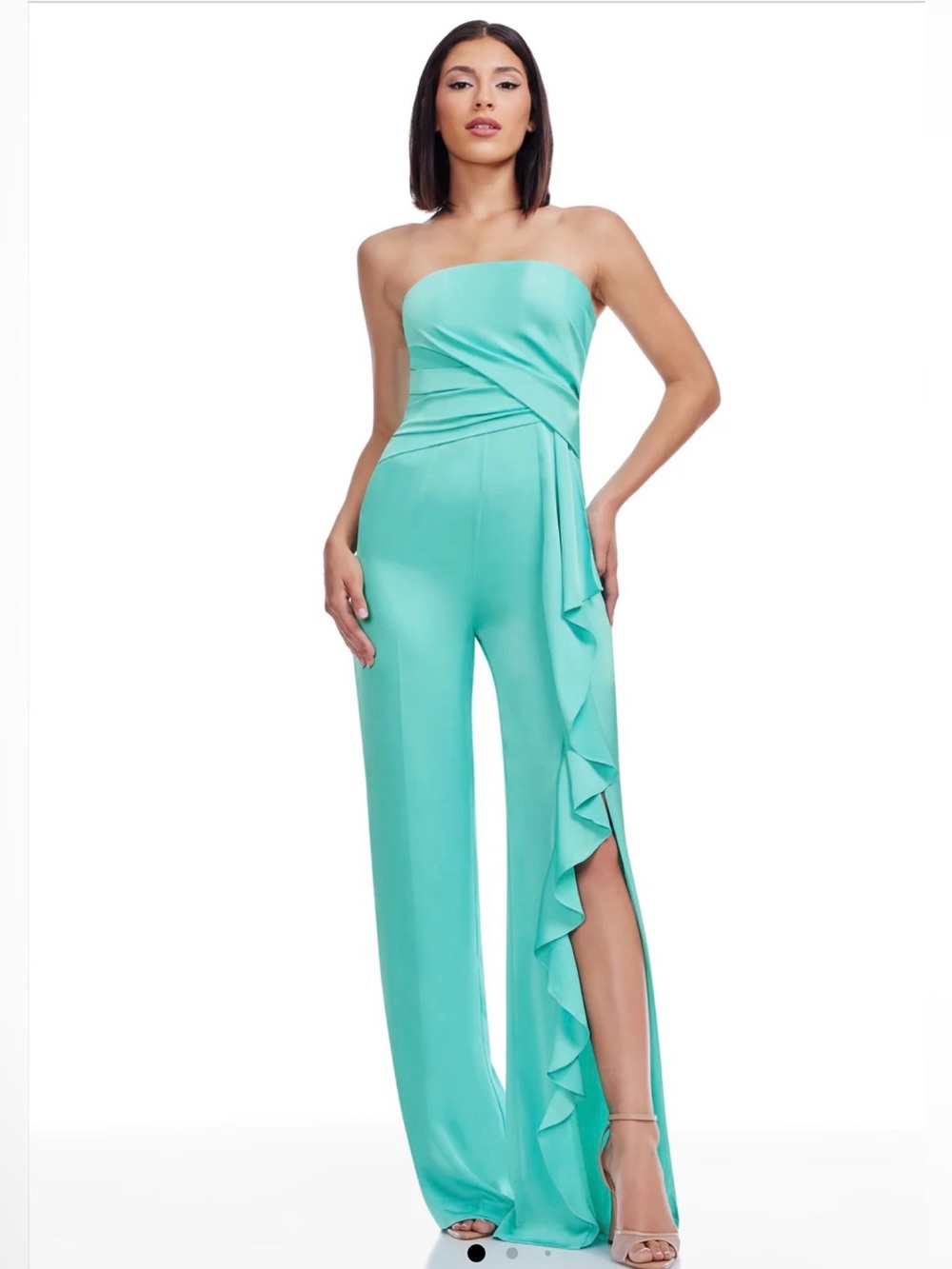 Dress the Population Aqua Satin Draped Shawn Jumpsuit NWT Small